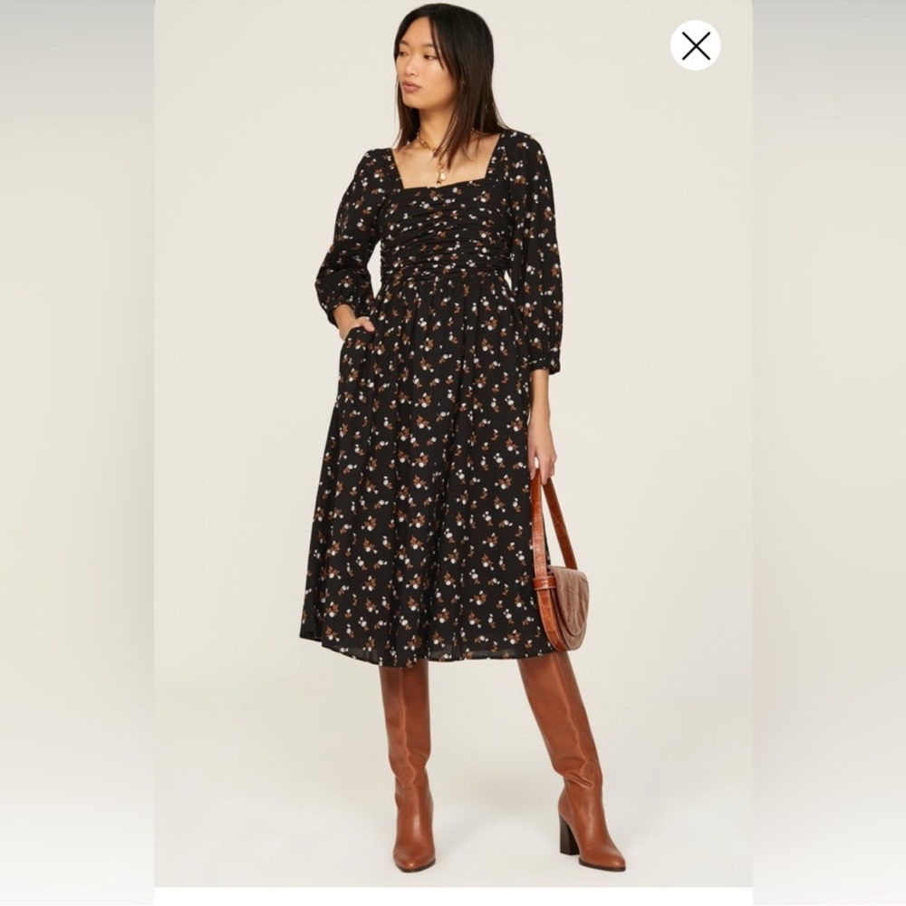 Madewell Black Floral Long Sleeve cotton Dress USA xs